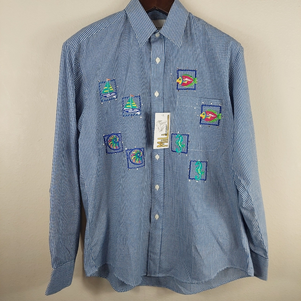 Mili Designs Blue Gingham Check Shirt Medium Embroidery Swarovski Crystals